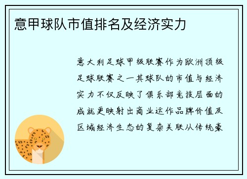 意甲球队市值排名及经济实力