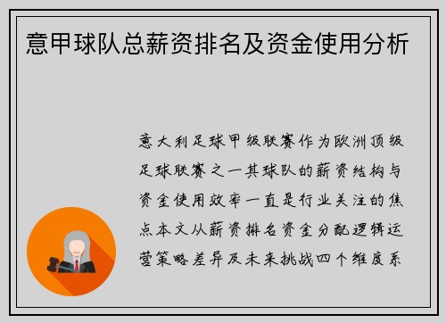 意甲球队总薪资排名及资金使用分析