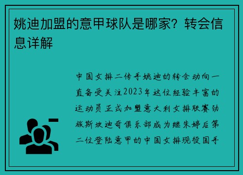 姚迪加盟的意甲球队是哪家？转会信息详解